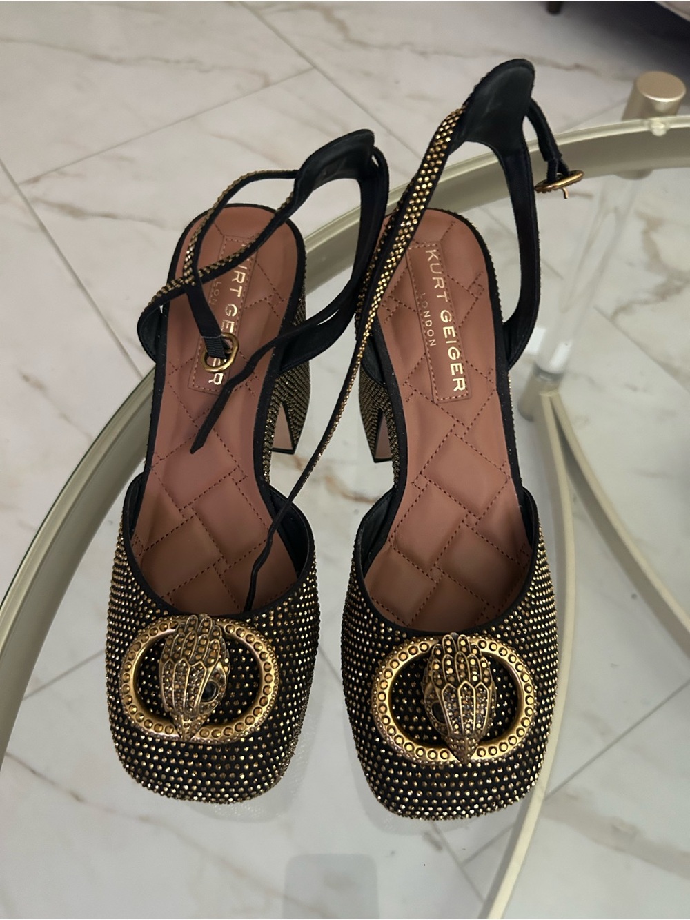 Kurt Geiger Black and Gold Crystal-Embellished Slingback Heels